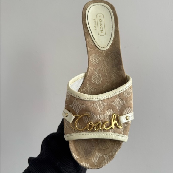 Coach Shoes - Coach Beige Logo Slide Mule with Gold Script Hardware